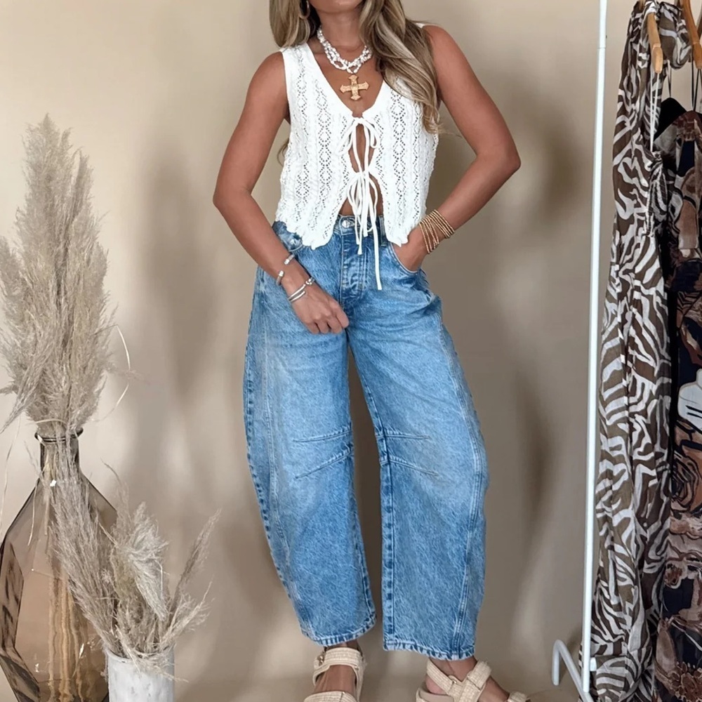 Promesa Crochet Knit Festival Tank Top Tie Front Taupe Vest Blouse - Picture 6 of 7